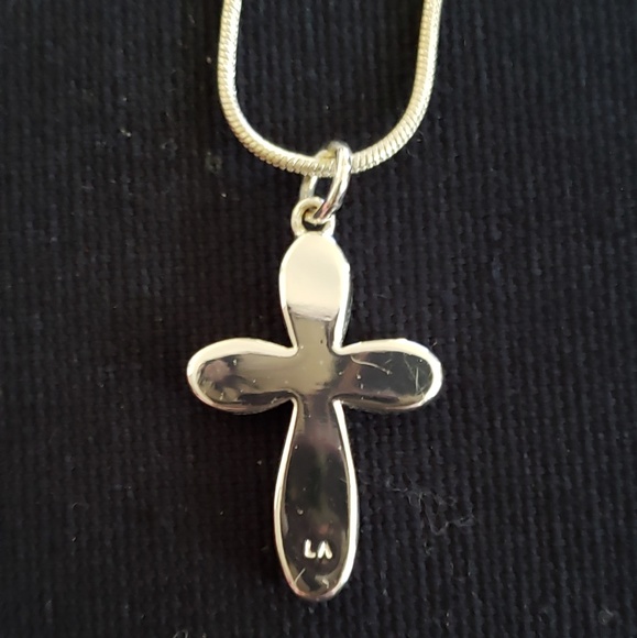 Sliver cross with blue accent crystals necklace - Picture 3 of 3